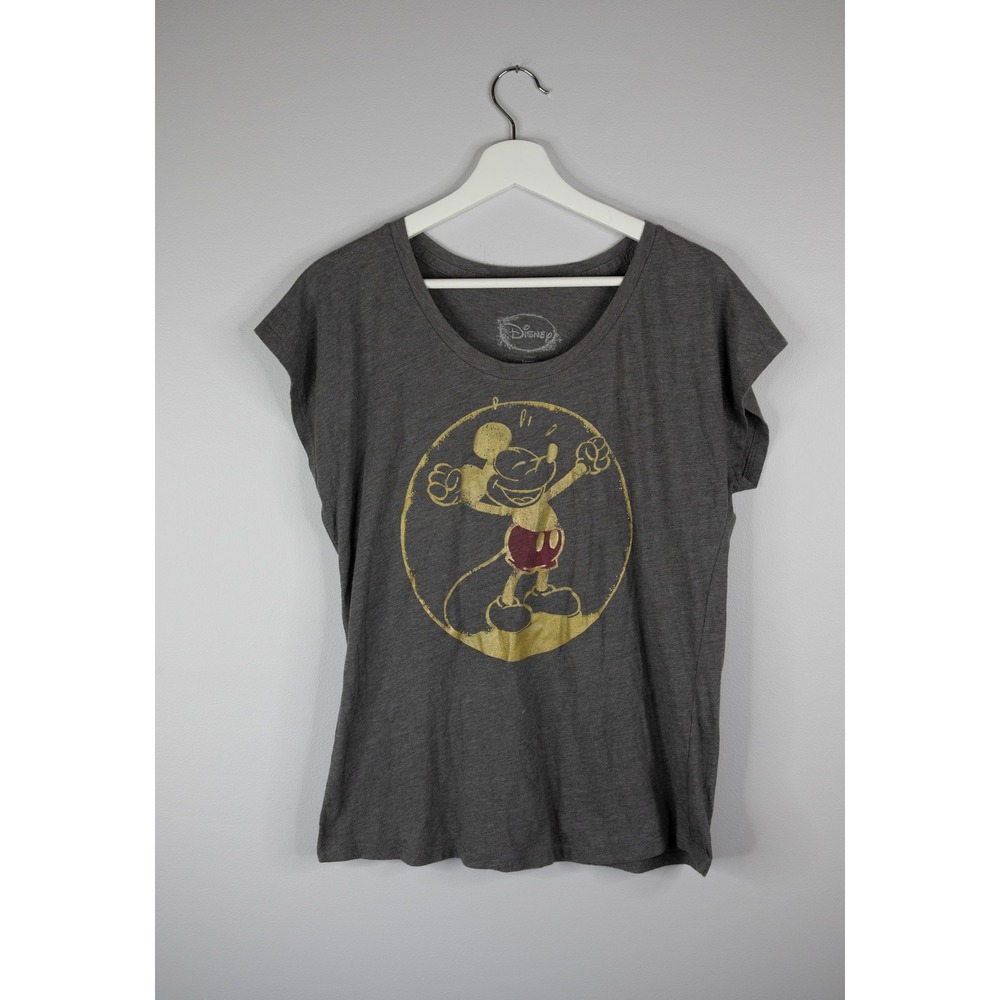 Disney Graphic T-Shirt Womens Large Gray Excellent Mickey Mouse Scoop Neck Cap